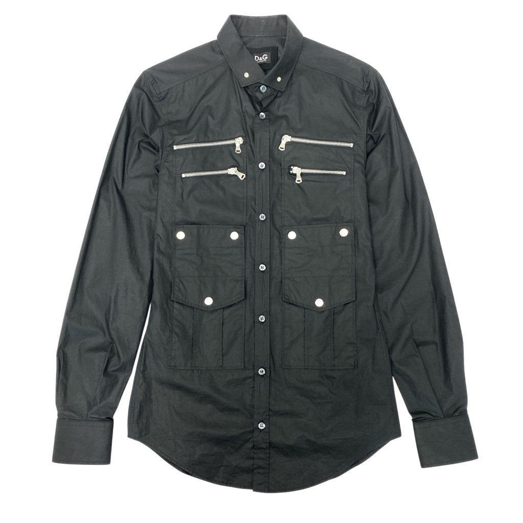 86l20 DOLCE&GABBANA ドルチェアンドガッパーナ 00`s vintage  Zip Cargo Shirt ロングスリーブシャツ ジップデザイン コットンシャツ メンズ 44 ブラック 綿100％k02i
