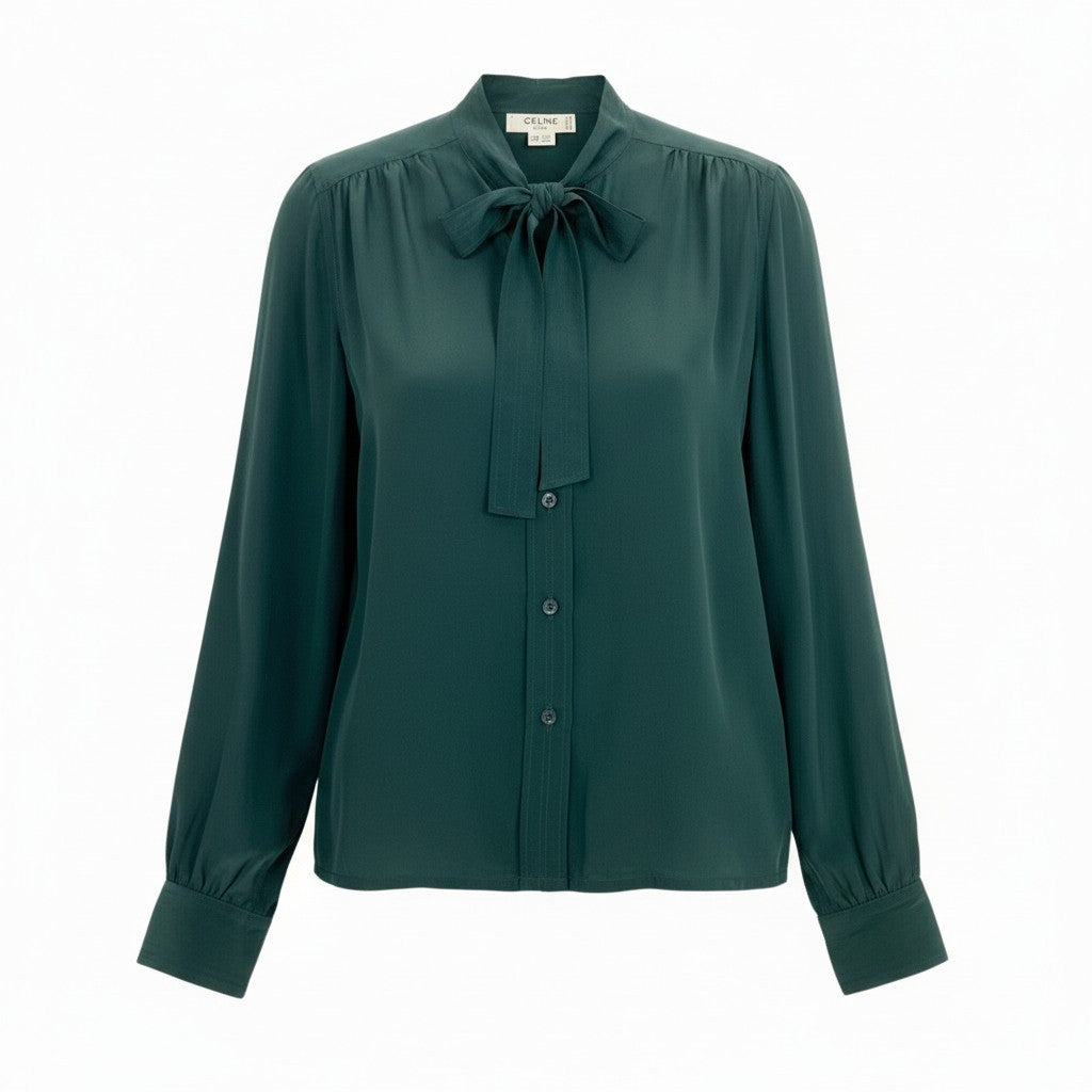 Eb26 CELINE セリーヌ ボウタイブラウス シャツ トリオンフ刺繍 38 グリーン シルク レディースu02t