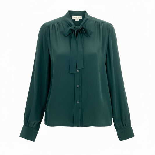 Eb26 CELINE セリーヌ ボウタイブラウス シャツ トリオンフ刺繍 38 グリーン シルク レディースu02t