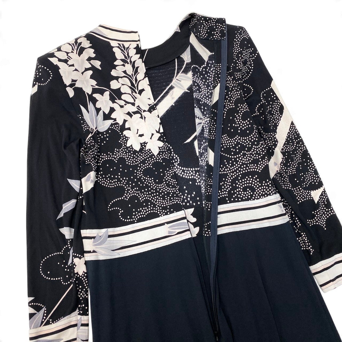 28j15 LEONARD FASHION レオナール ロングスリーブ ワンピース 花柄プリント シルクワンピース ブラック レディースu02t