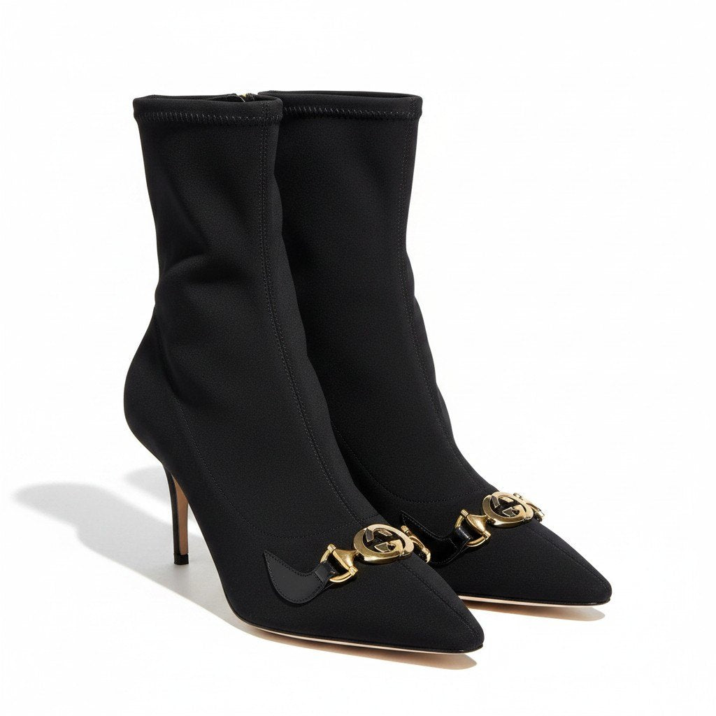 g14【新品保管品】GUCCI インターロッキング GG ブーツ イタリア製 37 1/2サイズ ブラック ゴールド レディース 女性用k02i