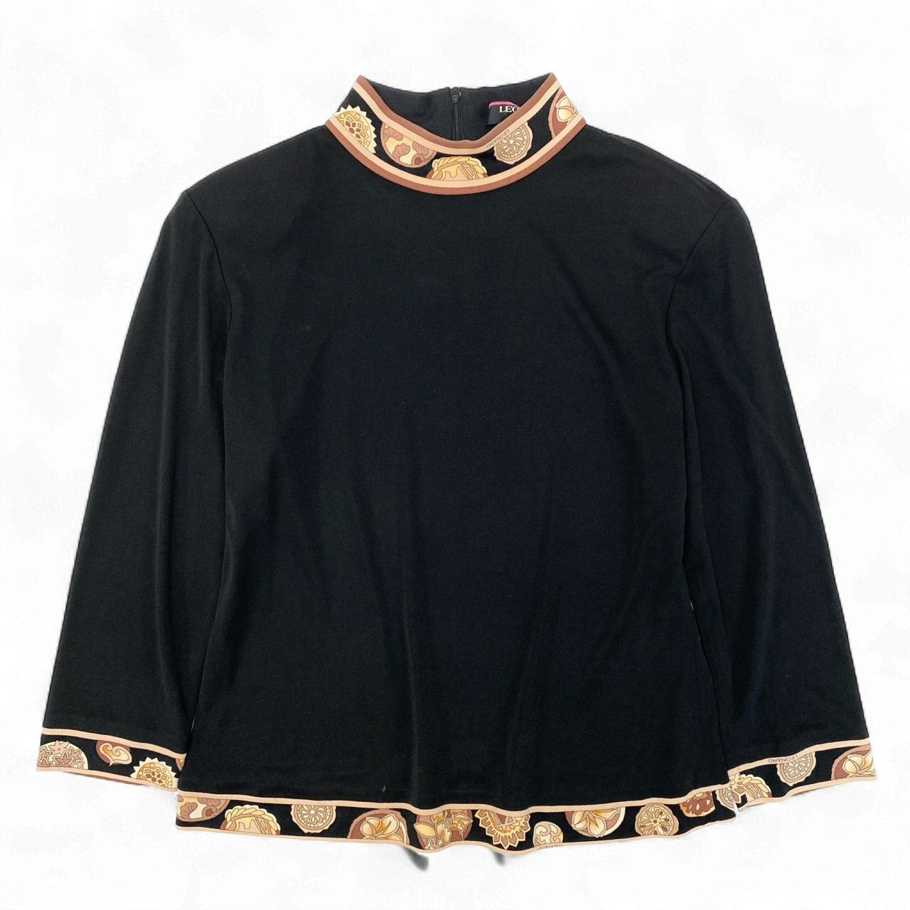 58k22 LEONARD FASHION レオナール モックネック 長袖カットソー ロングスリーブ 切替プリント カンカン素材 レディース 女性用 M ブラックu02t