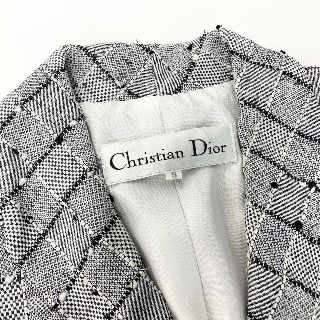20c24 Christian Dior クリスチャンディオール ツイードジャケット テーラードジャケット  ブレザー 三つ釦 チェック柄 9サイズ グレー系 レディース 女性用o07t