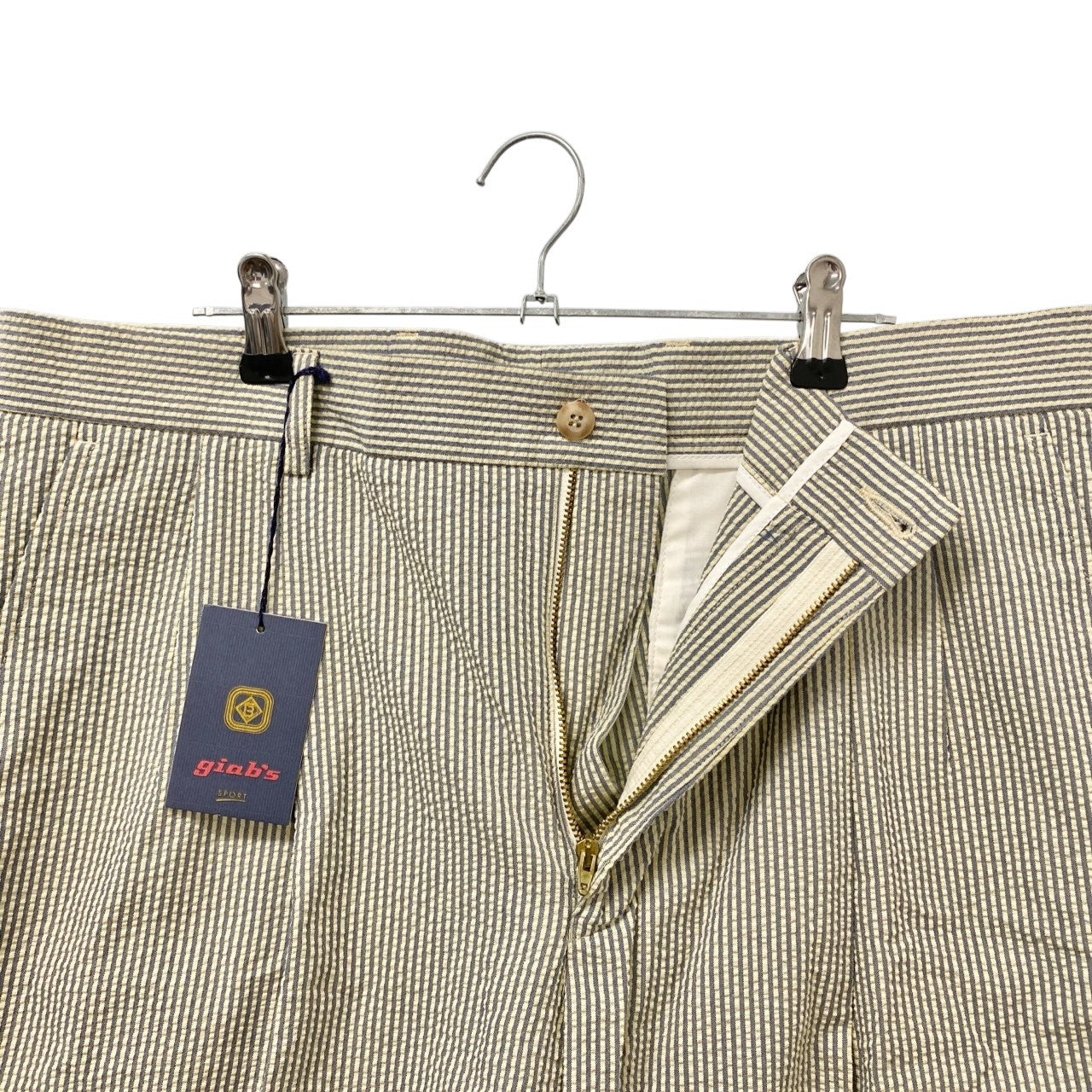 61c6 【美品】Giad's SPORT ジャブス ハーフパンツ ボトムパンツ シアサッカー ストライプ 13204 52サイズ アイボリー ブルー メンズ 男性用u02t