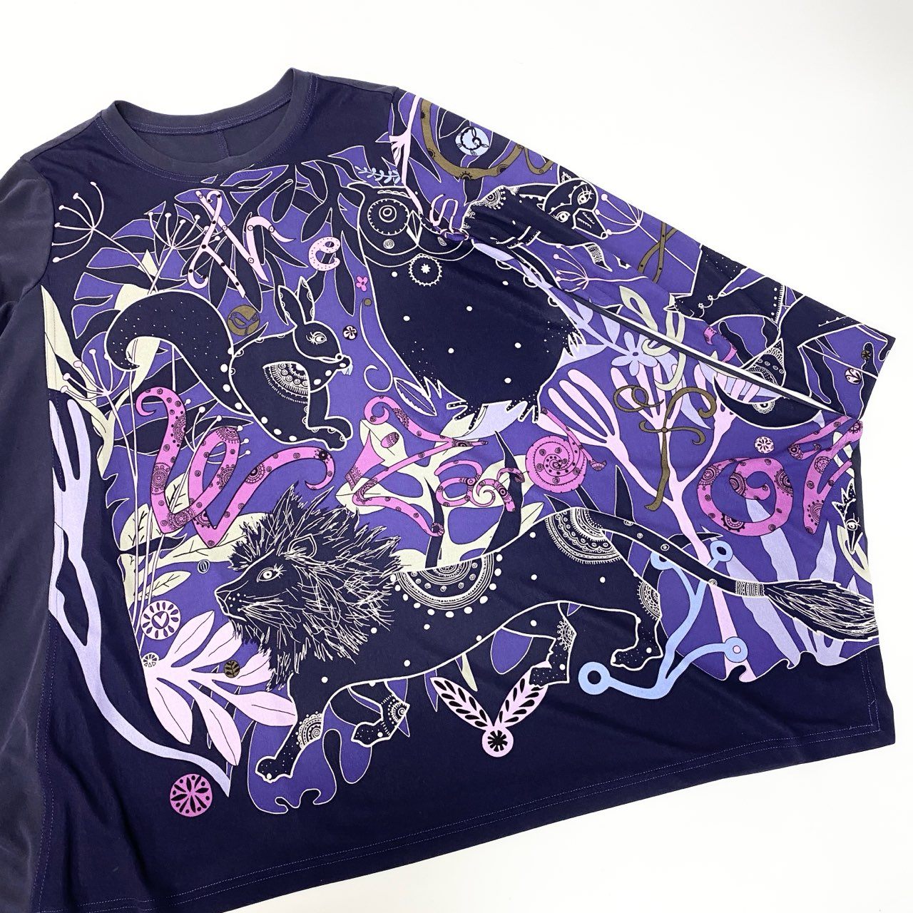 33c10 【美品】 TOKUKO 1er VOL ロングスリーブ チュニックワンピース  アニマル柄 Aライン ストレッチ レディース 女性服 サイズ9 パープルu02t