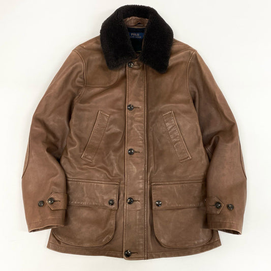 75i8 POLO RALPH LAUREN ポロラルフローレン BURHAM CAR COAT バーハム カーコート レザー ジャケット 襟着脱 ムートン S 170 ブラウン ラムレザー 羊革 メンズo07t