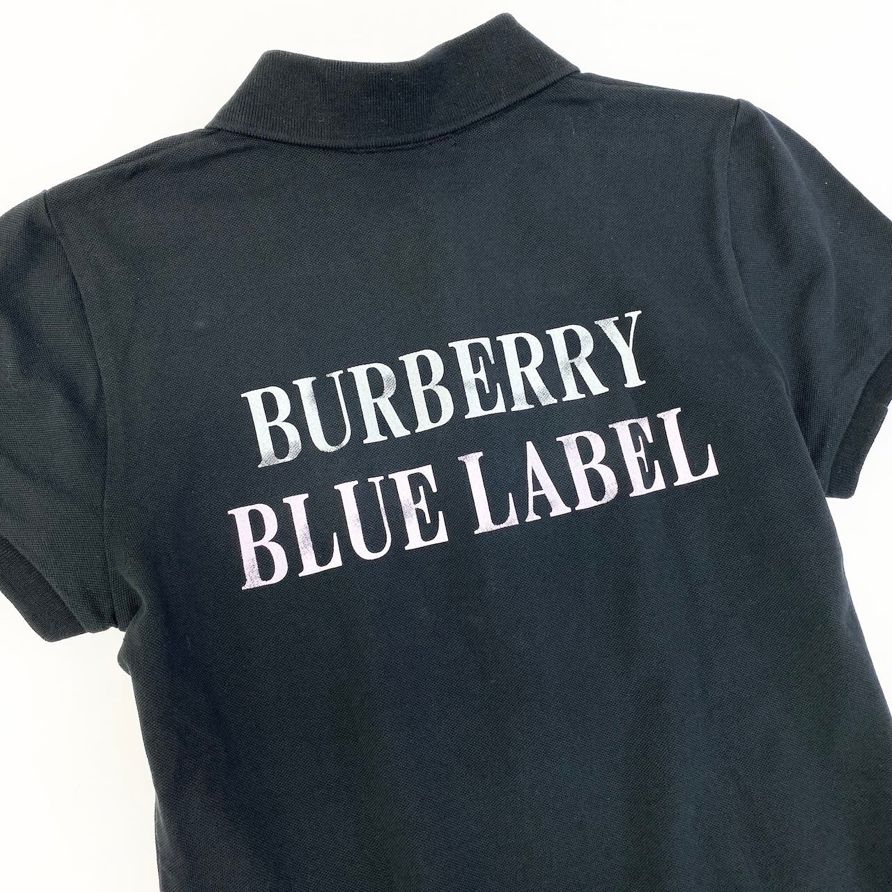59d28 BURBERRY LONDON BLUE LABEL バーバリーロンドン ブルーレーベル 半袖ポロシャツ カットソー トップス ワンポイント刺繡 バックロゴプリント サイズ38 ブラック レディース 女性用u02t