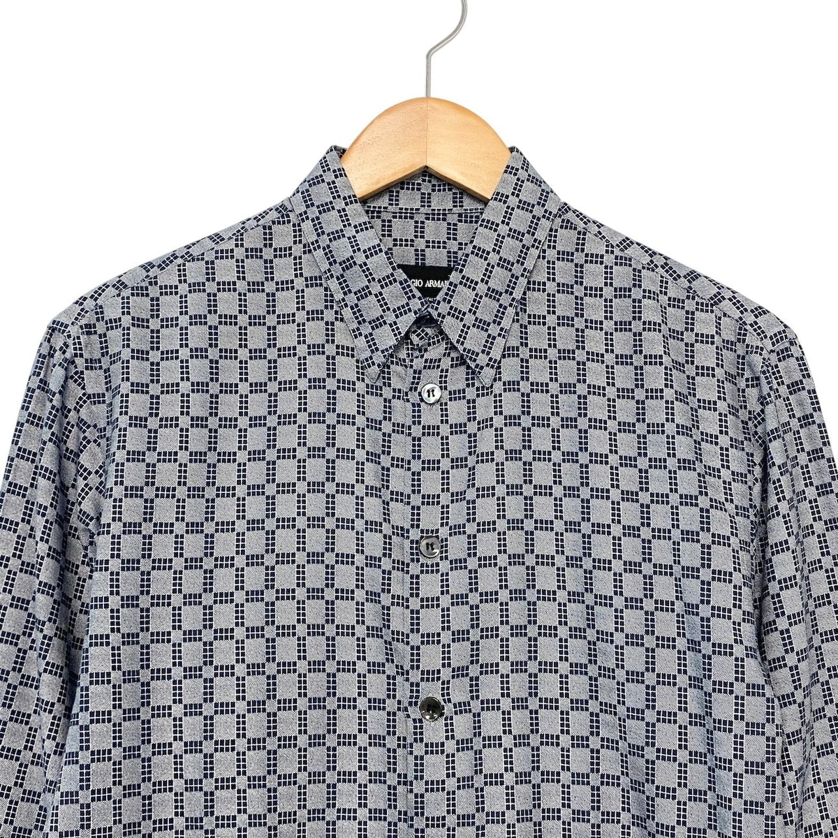 24j14  GIORGIO ARMANI 長袖シャツ 総柄シャツ メンズシャツ コットンシャツ イタリア製 38/15 グレー ネイビー 綿100％ メンズ 男性用u02t
