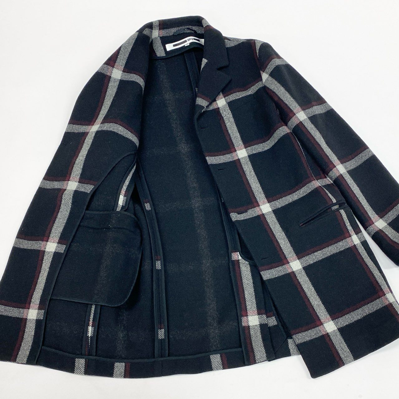 5L17 McQ Alexander McQueen マックキュー アレキサンダーマックイーン チェック柄 チェスターコート アウター COQN-LA-2007 46 ブラック ウール メンズo07t