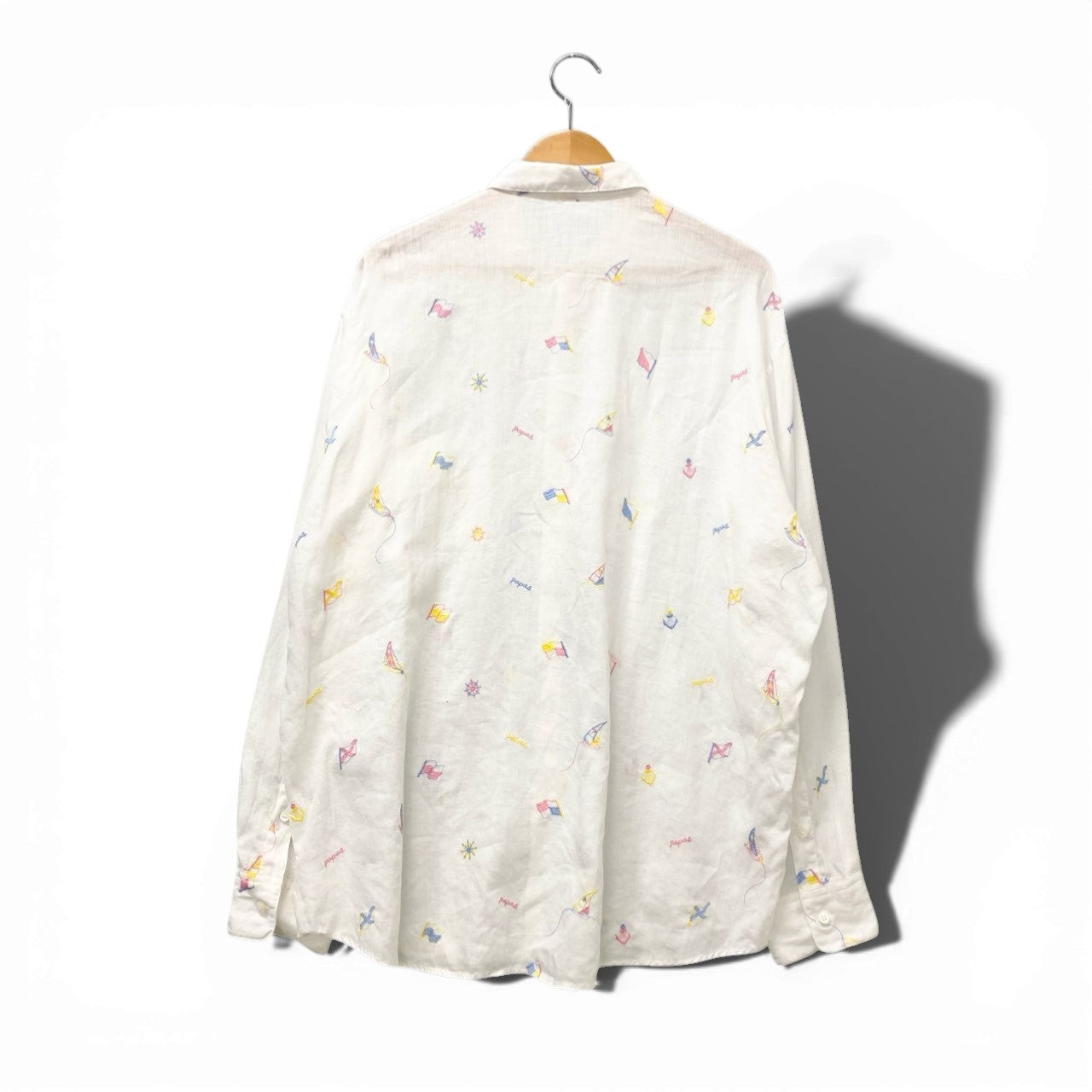 5c6 《美品》 Papas パパス リネンシャツ 長袖シャツ トップス 刺繍 LL ホワイト 麻100％ メンズu02t