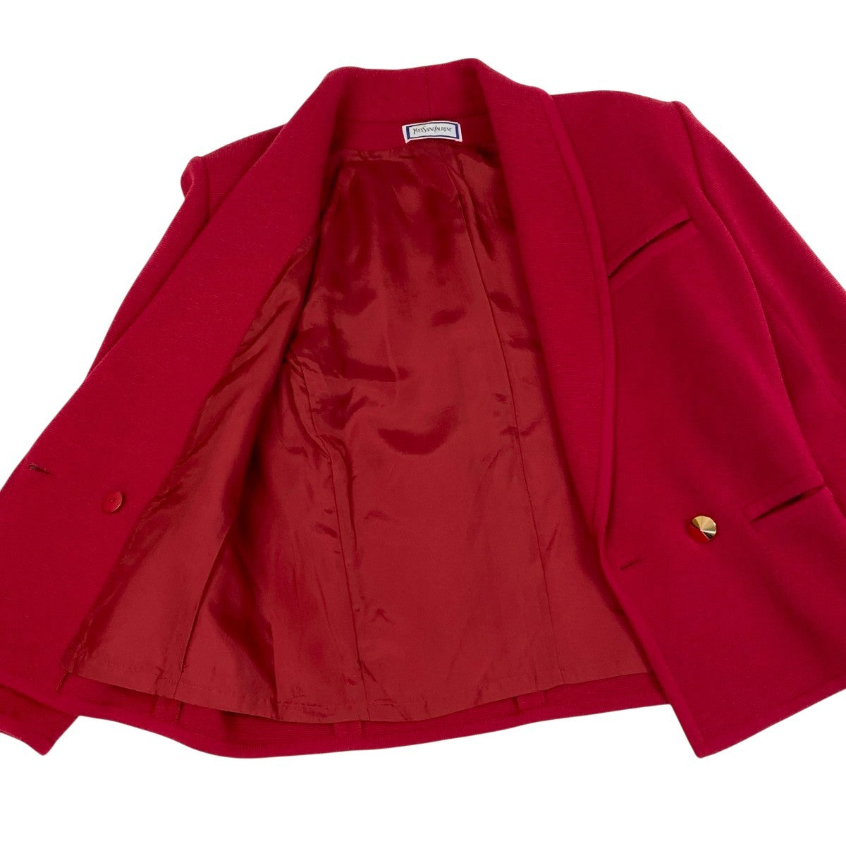 Eh6  YVES SAINT LAURENT イヴサンローラン セットアップスカート テーラードジャケット 金ボタン ダブルニットジャケット フォーマル ウール STF0A597 M レッド レディース 女性用o07t