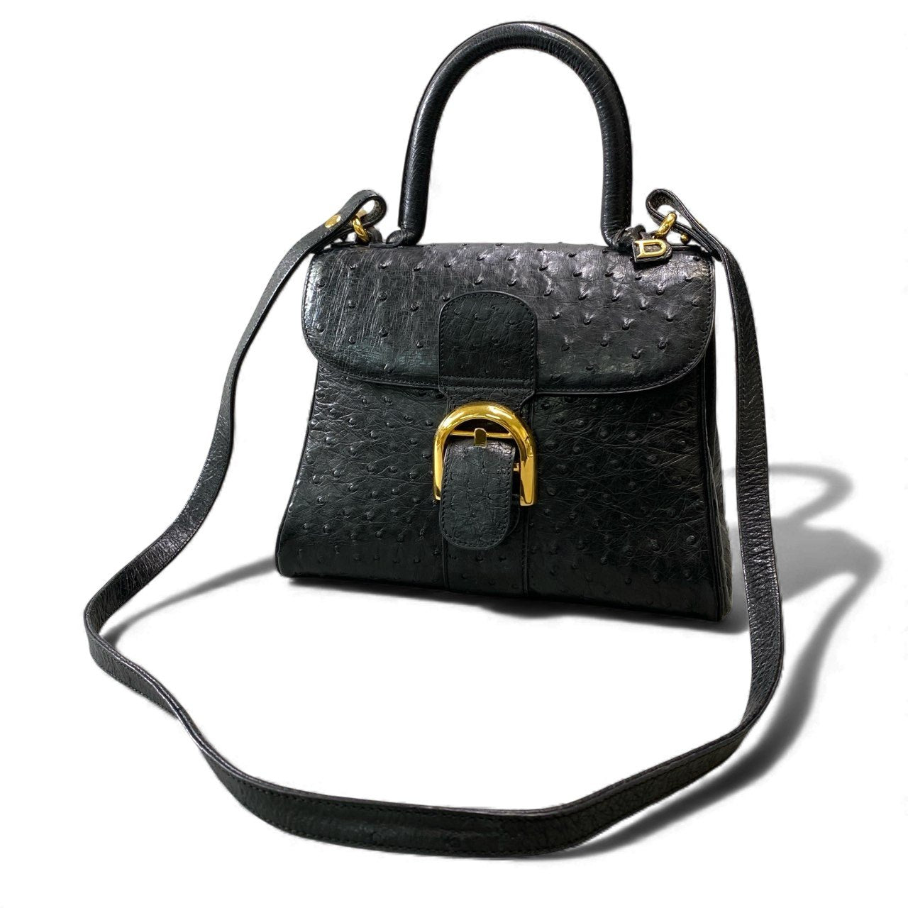 AL8 【美品】DELVAUX デルヴォー ブリヨン オーストリッチ ハンドバッグ ショルダーバッグ ブラック オーストリッチ 2way レディース 鞄k02i