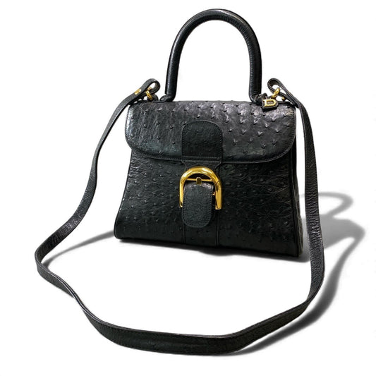 AL8 【美品】DELVAUX デルヴォー ブリヨン オーストリッチ ハンドバッグ ショルダーバッグ ブラック オーストリッチ 2way レディース 鞄k02i