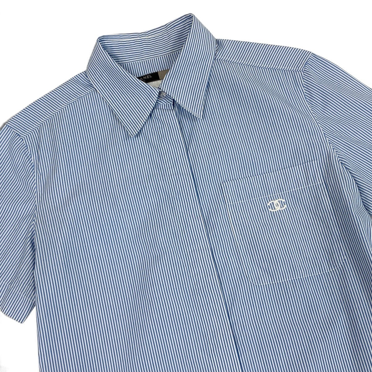 j1 CHANEL シャネル 1999 CCロゴ ストライプ 半袖シャツ Short-Sleeve Striped Shirt with CC Logo Size 40 Blue/White 100% Cotton Women'st18r