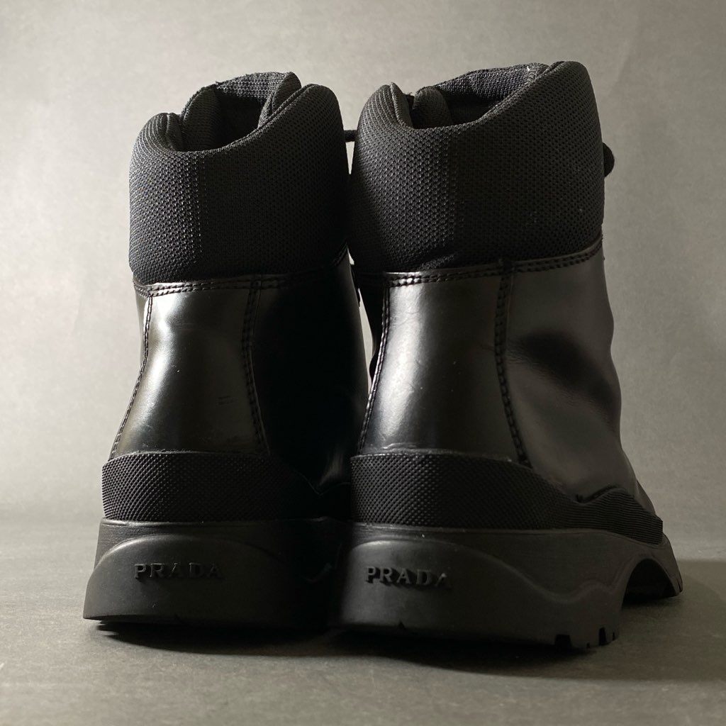 2h3 PRADA プラダ レースアップ トレッキングブーツ 5 1/2 ブラック レザー Leather Boots vibram シューズ メンズ 男性用