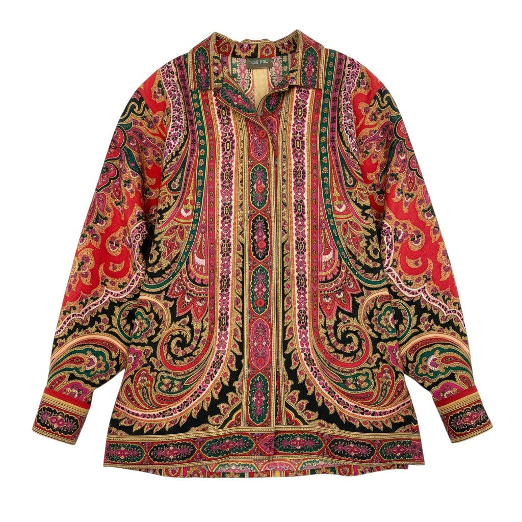 48d16 KENZO ケンゾー ロングスリーブオープンカラーシャツ 総柄シャツ トップス Mサイズ マルチカラー ウール100％ レディース 女性用u02t