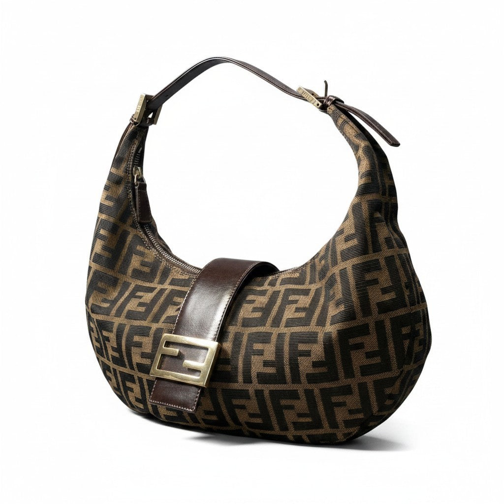 f18 FENDI フェンディ ズッカ柄 ホーボー ハーフムーン ショルダーバッグ ブラウン レディース 女性鞄ta1