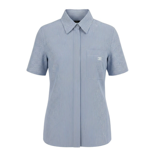 j1 CHANEL シャネル 1999 CCロゴ ストライプ 半袖シャツ Short-Sleeve Striped Shirt with CC Logo Size 40 Blue/White 100% Cotton Women'st18r