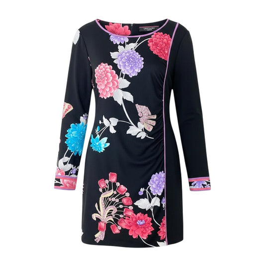 14f15 LEONARD FASHION レオナール ロングスリーブ チュニックワンピース カンカン素材 美しい花柄プリント サイズ40 ブラック 画像参照 レディース 女性服u02t