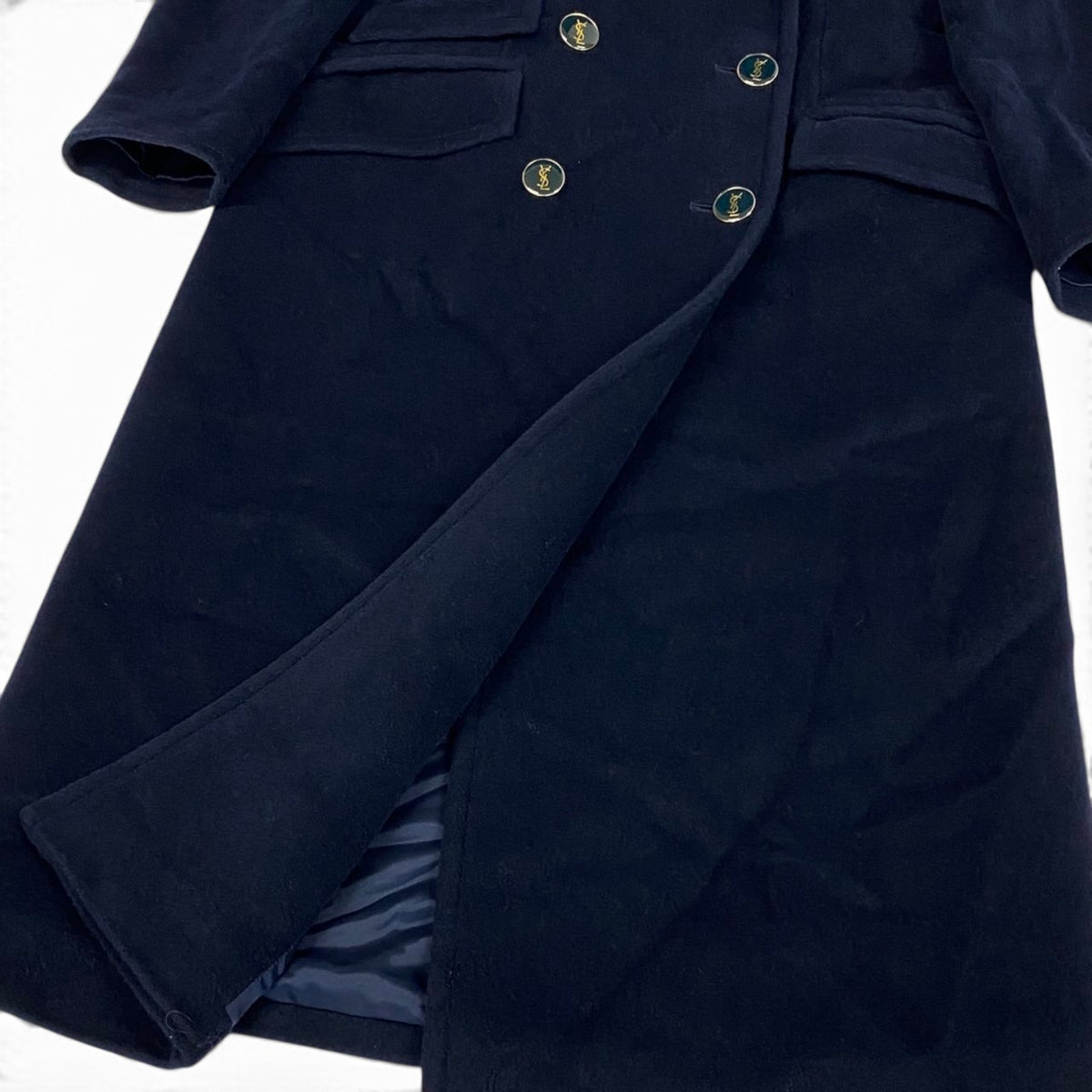 i19 YVES SAINT LAURENT ダブルブレストチェスターコート YSLロゴボタン ロングコート 36サイズ ダークネイビー ウール100％ レディース 女性用u02t