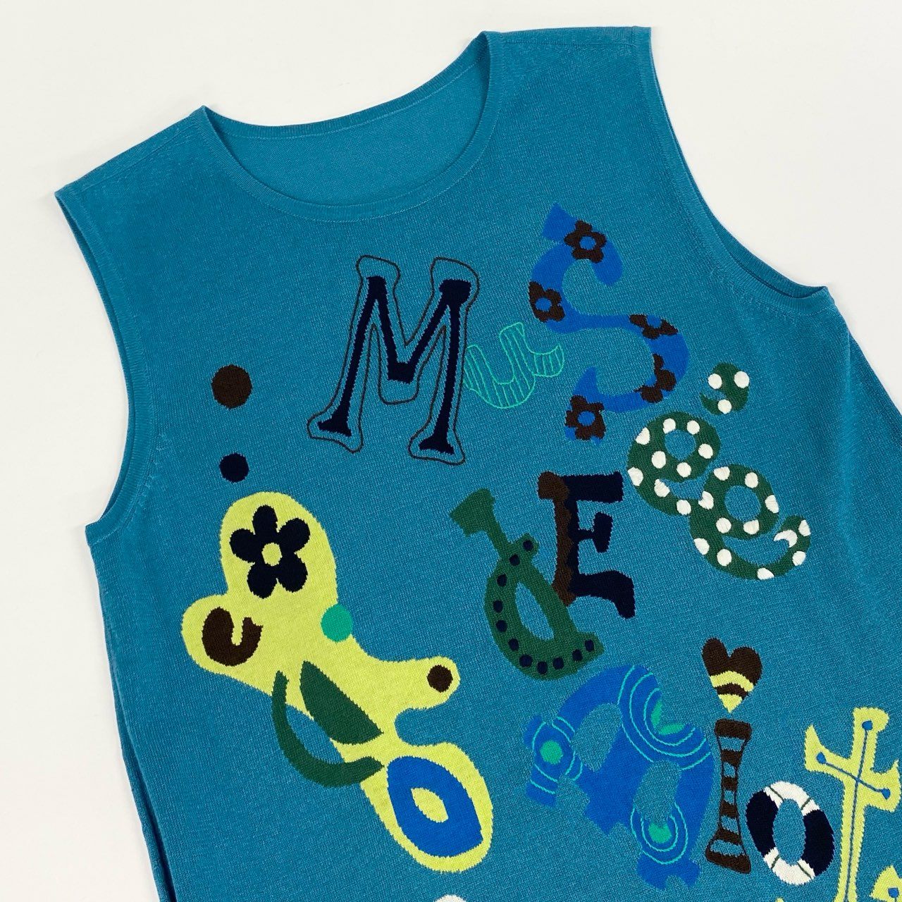 41k26 《美品》 TOKUKO 1er VOL トクコプルミエヴォル ノースリーブ ニットワンピース アルファベット刺繍 花柄 レディース 女性用 9 ブルー系u02t