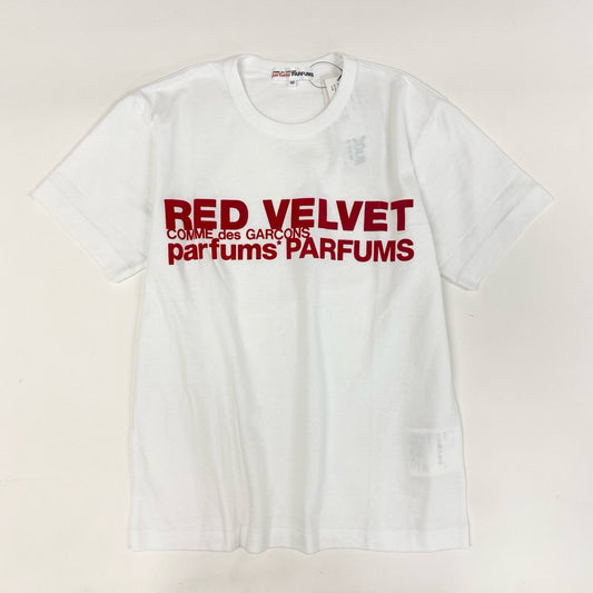 55h28」《極美品》COMME des GARCONS parfums PARFUMS コムデギャルソンパルファム RED VELVET 半袖Tシャツ ロゴ AD2019 OD-T202 Mサイズ ホワイト レッド レディース 女性用k02i