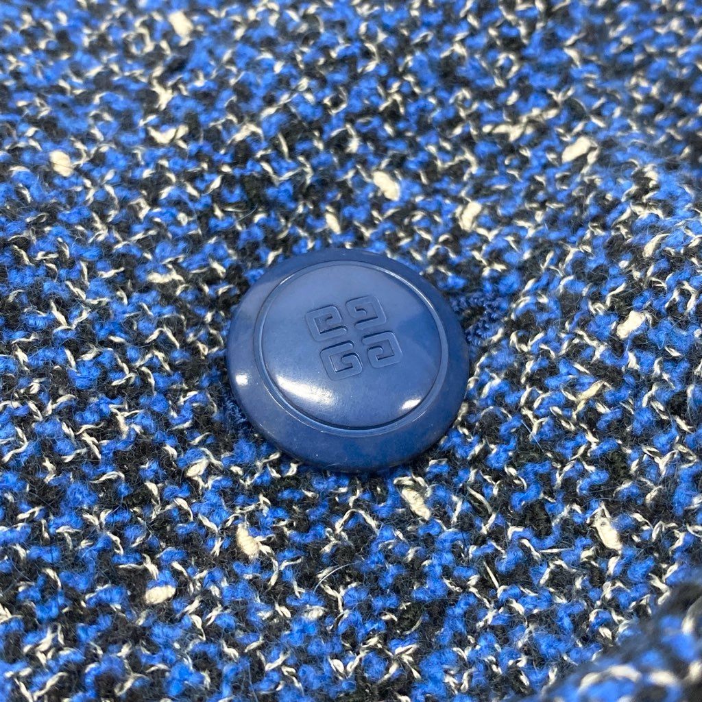 7a9 GIVENCHY ジバンシィー Vintage セットアップ スカートスーツ ツイード ジャケット タイトスカート ロゴボタン 42サイズ ブルー系 レディースo07t