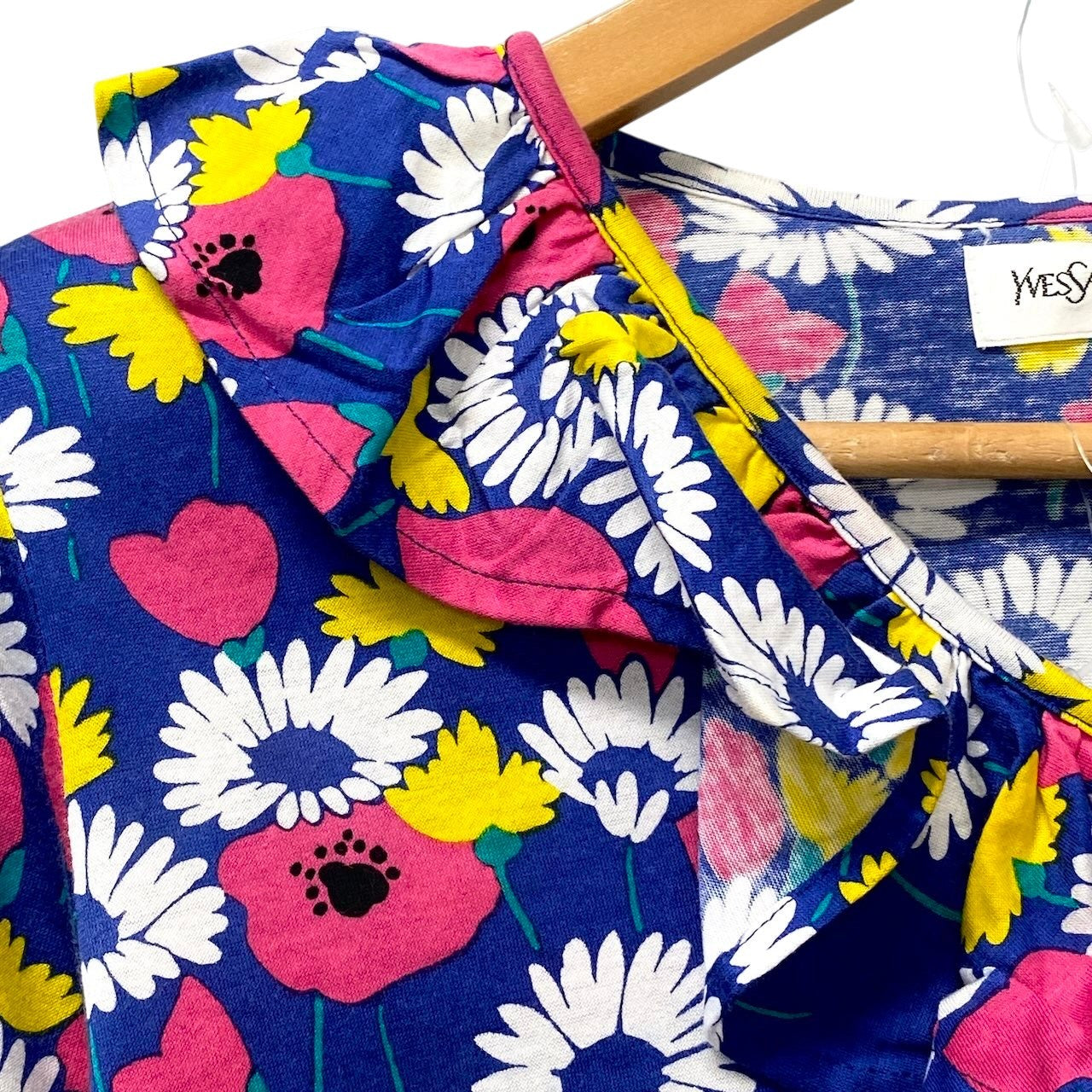58g7 YVES SAINT LAURENT イヴサンローラン フラワープリント Tシャツ 半袖カットソー フリルネック サイズM ブルー コットン100％ レディースo07t