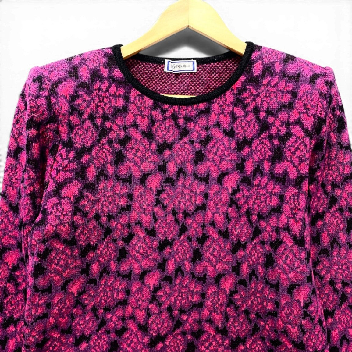 82f28 YVES SAINT LAURENT イヴサンローラン クルーネック ニットセーター 総柄 ウールブレンド サイズM ピンク パープル ブラック レディース 女性服o07t