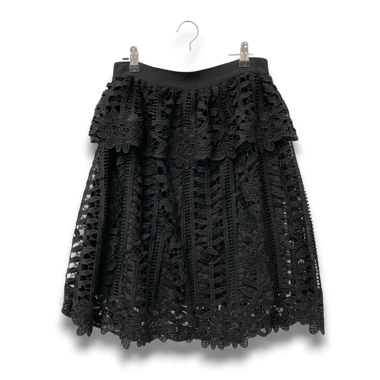 45c6 【美品】blugirl Blumarine ブルーガール ブルマリン フラワーモチーフレーススカート 膝丈スカート 3627 40サイズ ブラック ポリエステル100％ レディース 女性用u02t