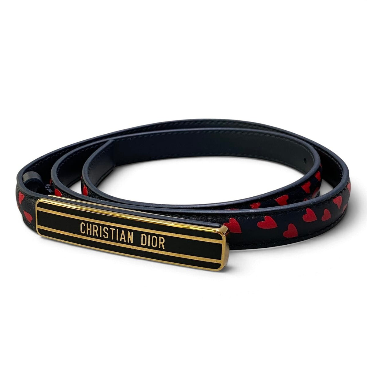 j15 《新品同様》 Christian Dior クリスチャンディオール ロゴバックル ハート レザーベルト 23-MA-0241 70 ブラック レッド レザーu02t