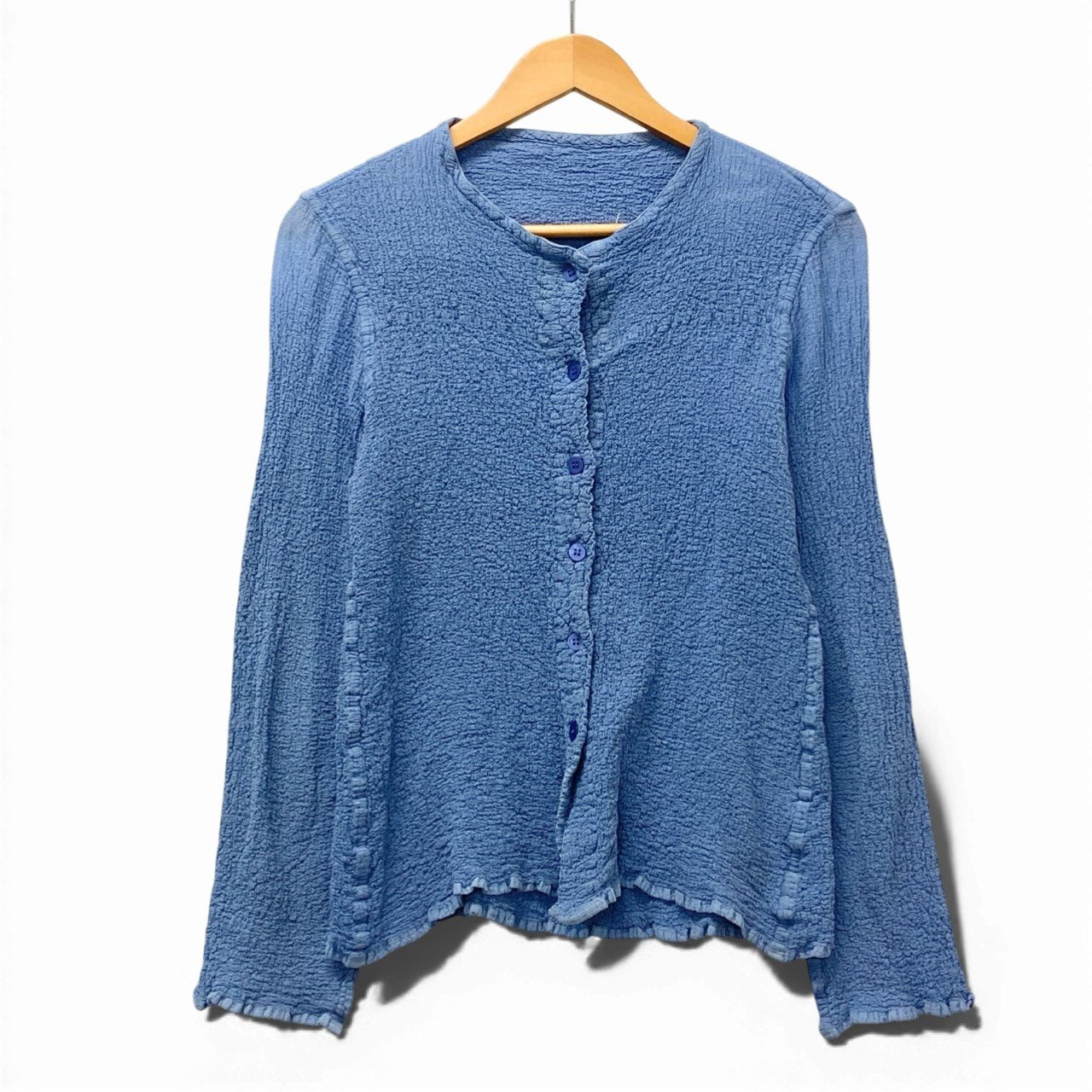 39b13 ISSEY MIYAKE me イッセイミヤケ ミー カリフラワーカーディガン ノーカラージャケット しわ加工 MI72FO449 ブルー レディースu02t