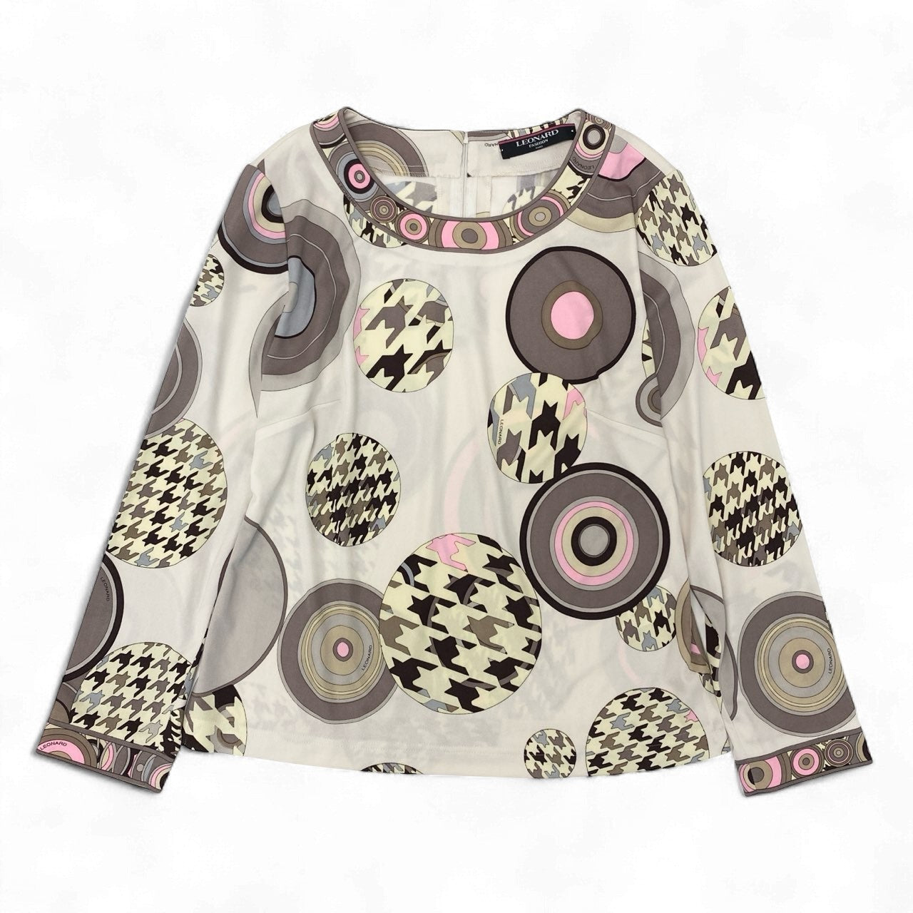 38k19【美品】LEONARD レオナール 長袖カットソー カンカン素材 総柄 クルーネック トップス 0179503 Lサイズ マルチカラー レディースu02t