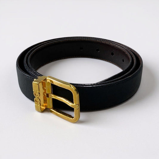 a6【美品】Salvatore Ferragamo サルヴァトーレフェラガモ ベルト バックル刻印 イタリア製 ブラック ゴールド レザー 本革 メンズk02i