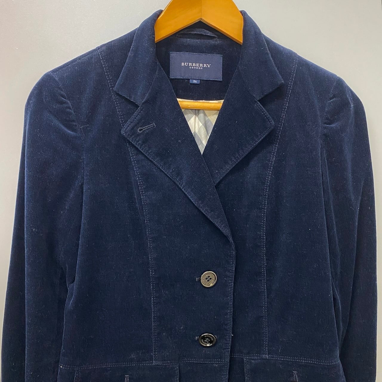 32e16 BURBERRY LONDON バーバリーロンドン コーデュロイジャケット ノバチェック ブレザー  FC315-702-28 36サイズ ネイビー レディース 女性用t18r