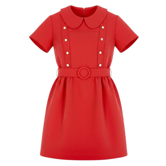 Ed21 LOUIS VUITTON ルイヴィトン ベルテッドワンピース LVロゴボタン 半袖ドレスワンピース イタリア製 RW201B HZL FIRO50 38サイズ レッド レディース 女性用nu1