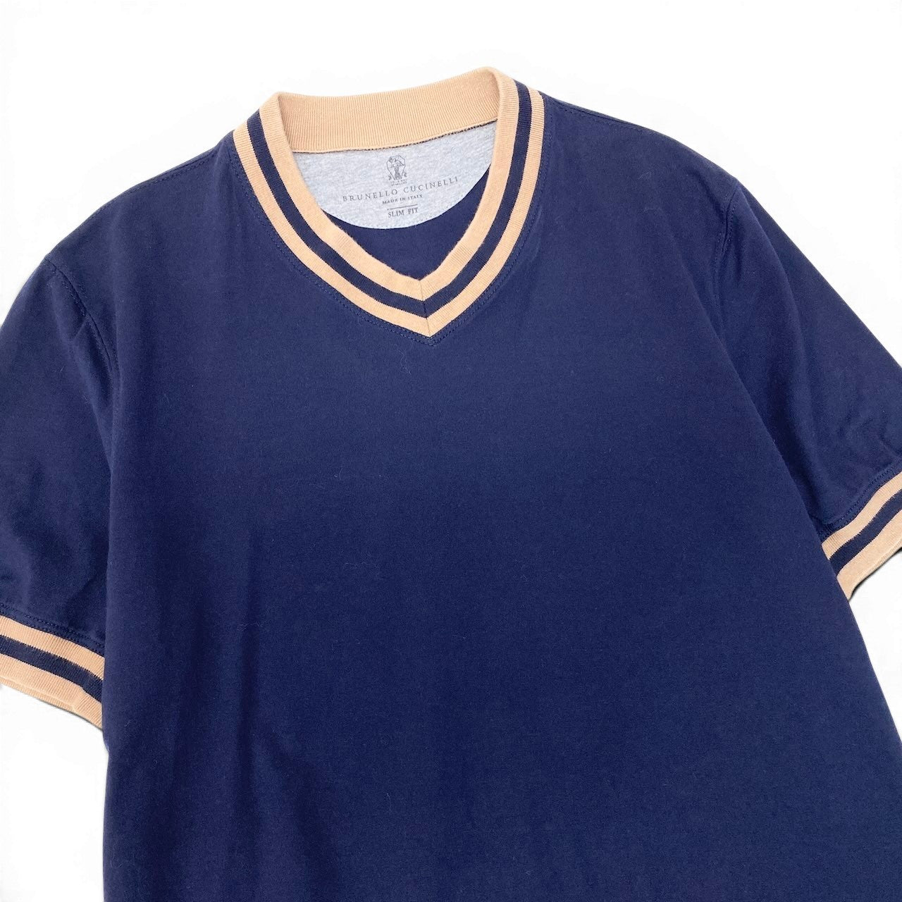 18e29 BRUNELLO CUCINELLI ブルネロクチネリ SLIM FIT リブネック 半袖Tシャツ カットソー サイズXS ネイビー ベージュ コットン100％ メンズ 紳士服o07t