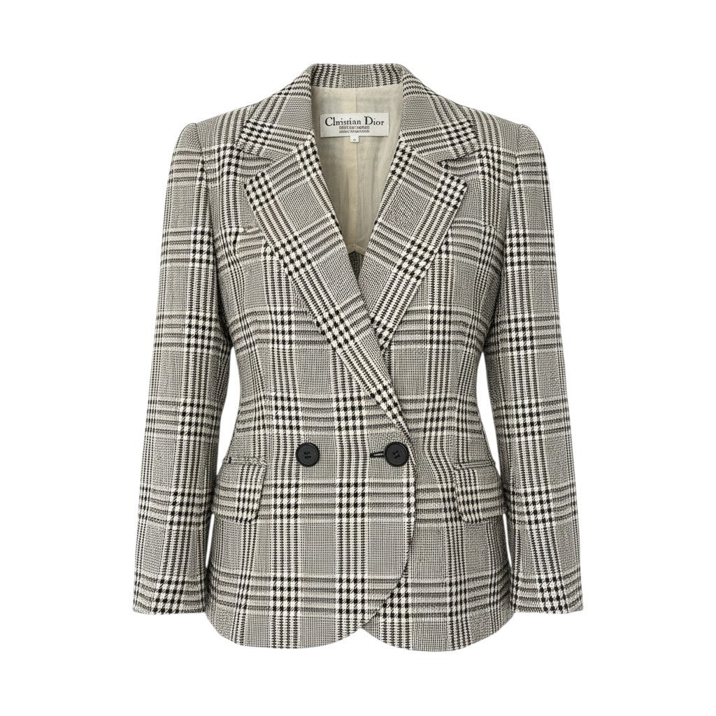 10c29 Christian Dior クリスチャンディオール ダブルプレストテーラードジャケット ブレザー チェック柄 7サイズ ベージュ ブラック レディース 女性用o07t