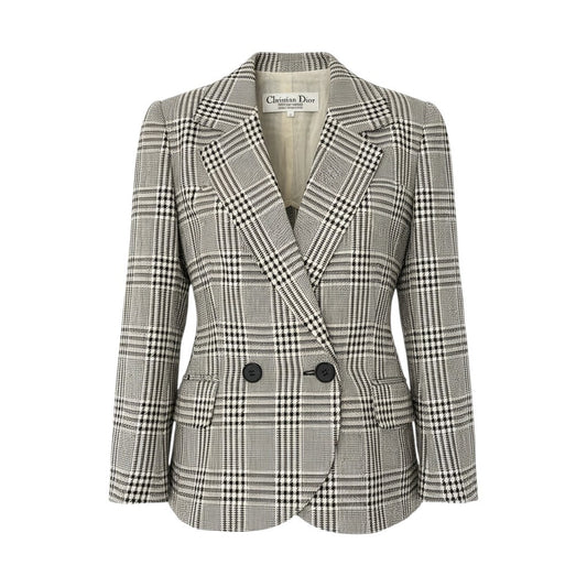 10c29 Christian Dior クリスチャンディオール ダブルプレストテーラードジャケット ブレザー チェック柄 7サイズ ベージュ ブラック レディース 女性用o07t