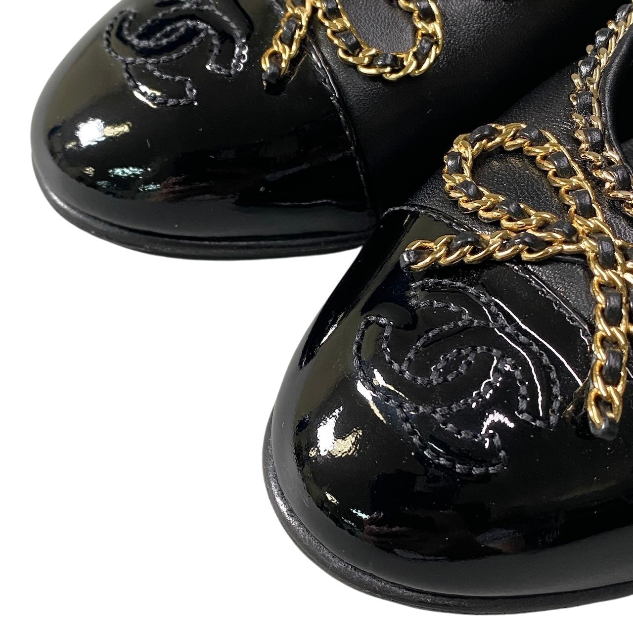 《極美品》 CHANEL シャネル 25B リボンチェーン バレリーナシューズ Ballerina Pumps Gold Chain G46663 36 1/2 ブラック ラムレザーt18r