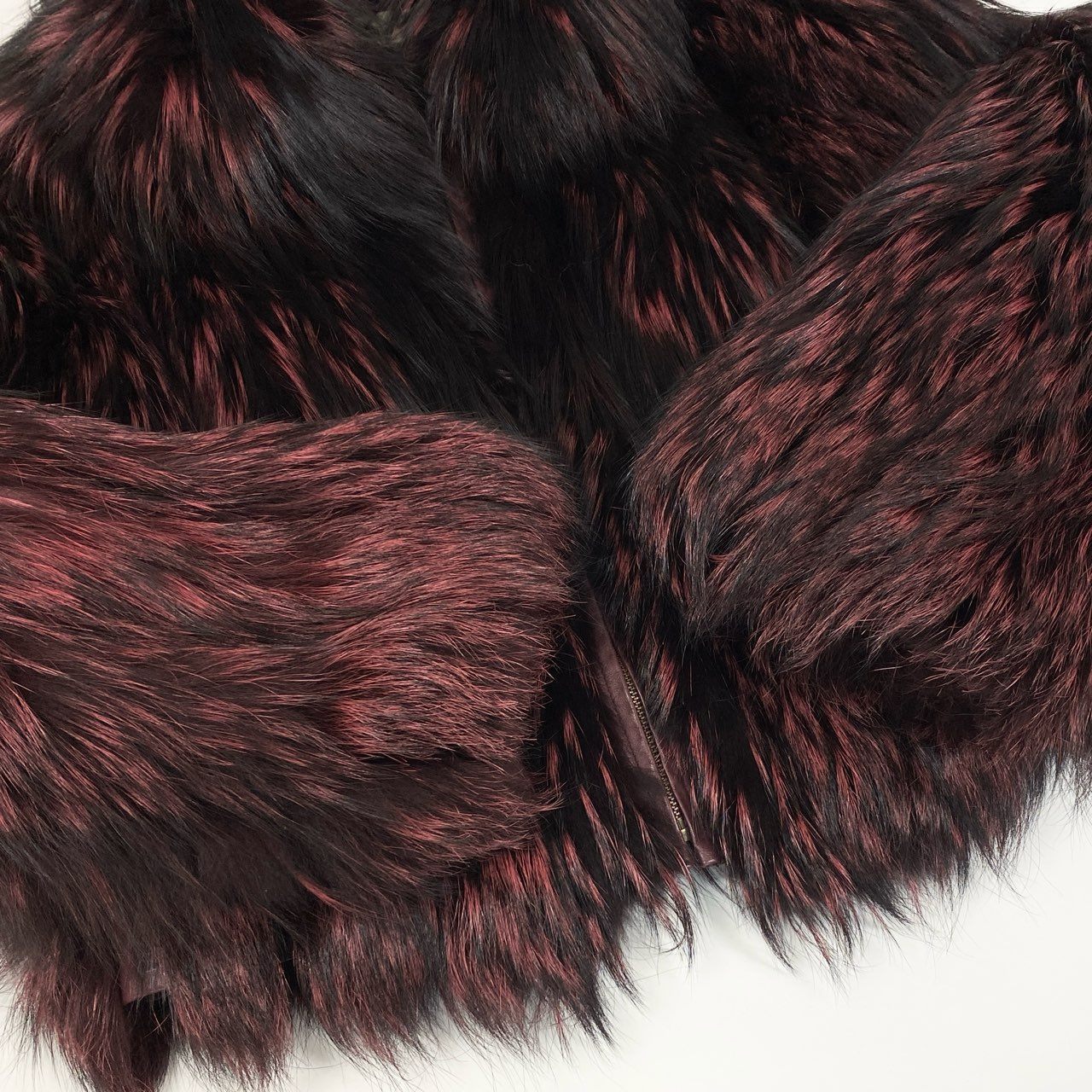 68L8 EMBA エンバ 染め フォックスファー ジップアップジャケット コート サイズ11号 レッドパープル ブラック 本毛皮 FOX FUR レアデザインt18r