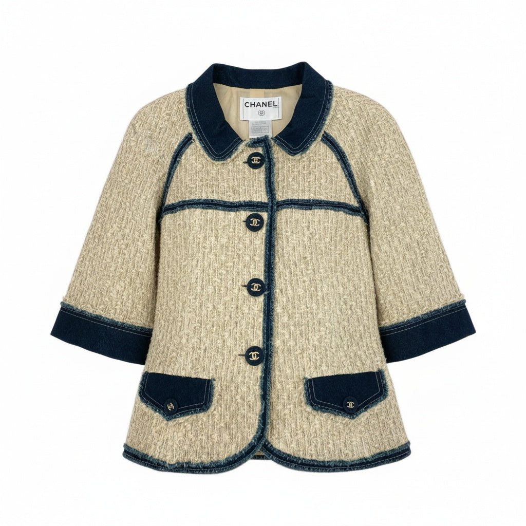 Cb19 CHANEL シャネル 07P P30527 2007年 7分袖 デニム切替ツイードジャケット ココマークボタン サイズ36 レディースta1