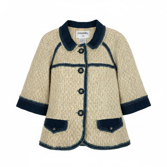 Cb19 CHANEL シャネル 07P P30527 2007年 7分袖 デニム切替ツイードジャケット ココマークボタン サイズ36 レディースta1