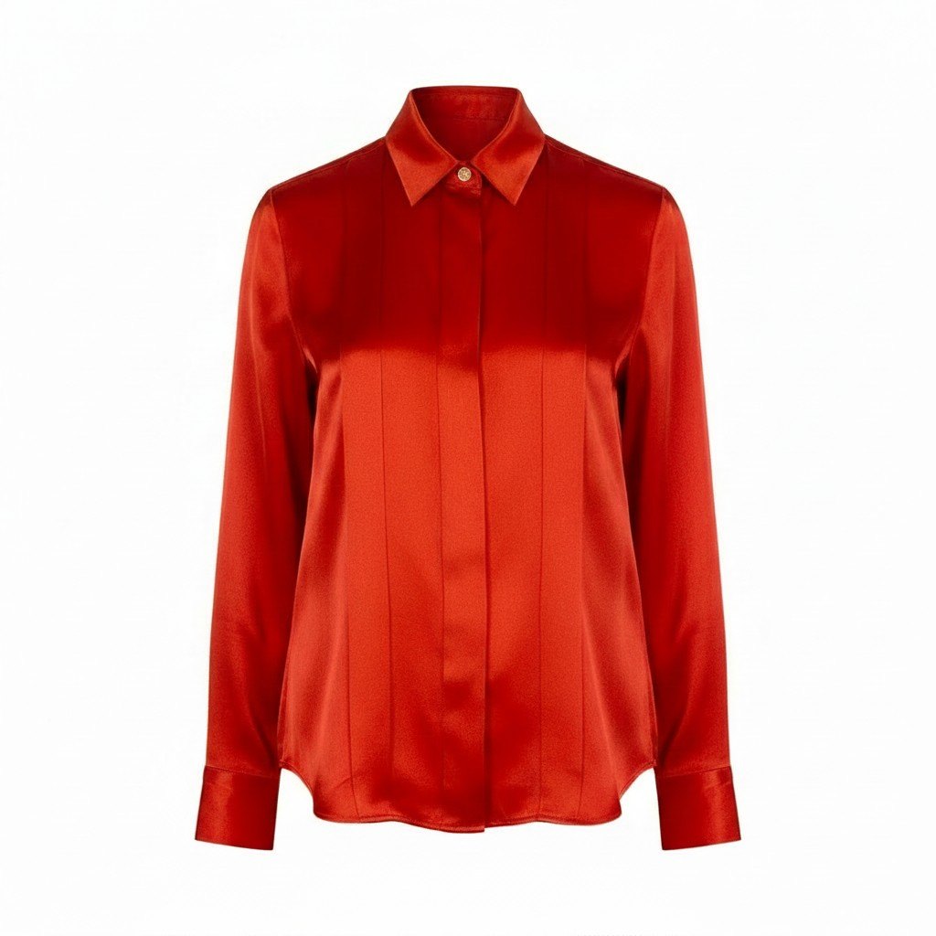 Cf29 CHANEL BOUTIQUE シャネル ブティック 長袖シャツ ココマークボタン 金ボタン サテン レディース 女性用 レッドu02t