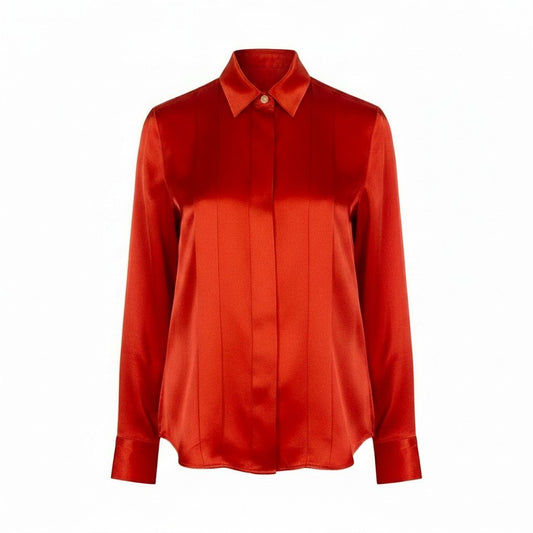 Cf29 CHANEL BOUTIQUE シャネル ブティック 長袖シャツ ココマークボタン 金ボタン サテン レディース 女性用 レッドu02t