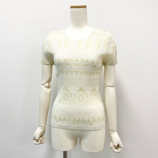 34i18《極美品》PLEATS PLEASE プリーツプリーズ 半袖カットソー Tシャツ トップス メッシュ 総柄 サイズ4 アイボリー ホワイト レディース 女性用u02t