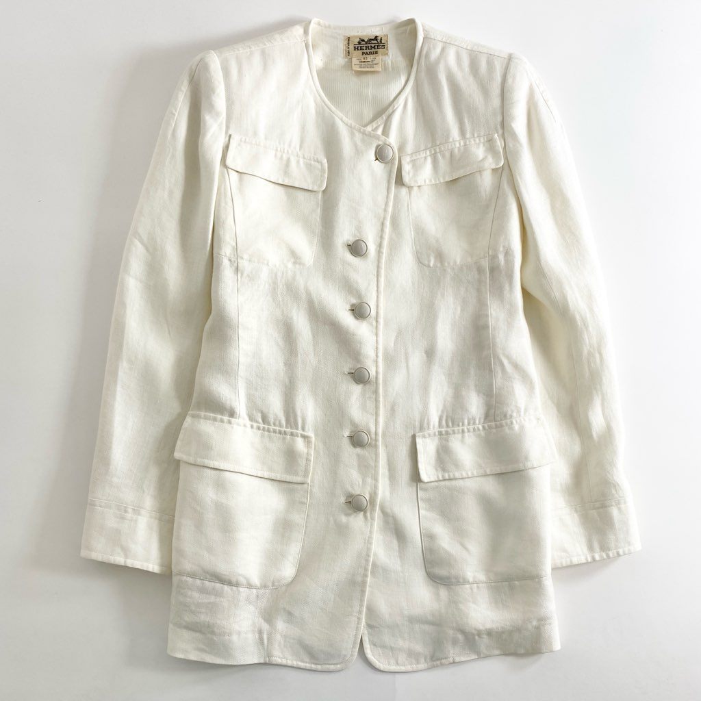 53e1 HERMES エルメス リネン ノーカラージャケット 42 アイボリー 麻100％ ブレザー フランス製 LINEN JACKET