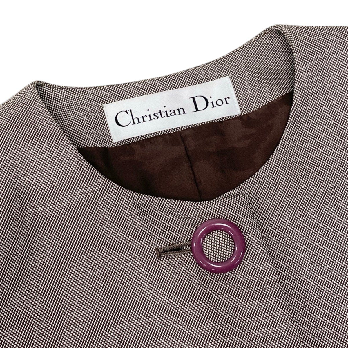 K Ei13 Christian Dior クリスチャンディオール ノーカラージャケット ウールジャケット くるみボタン ブラウン系 レディースo07t