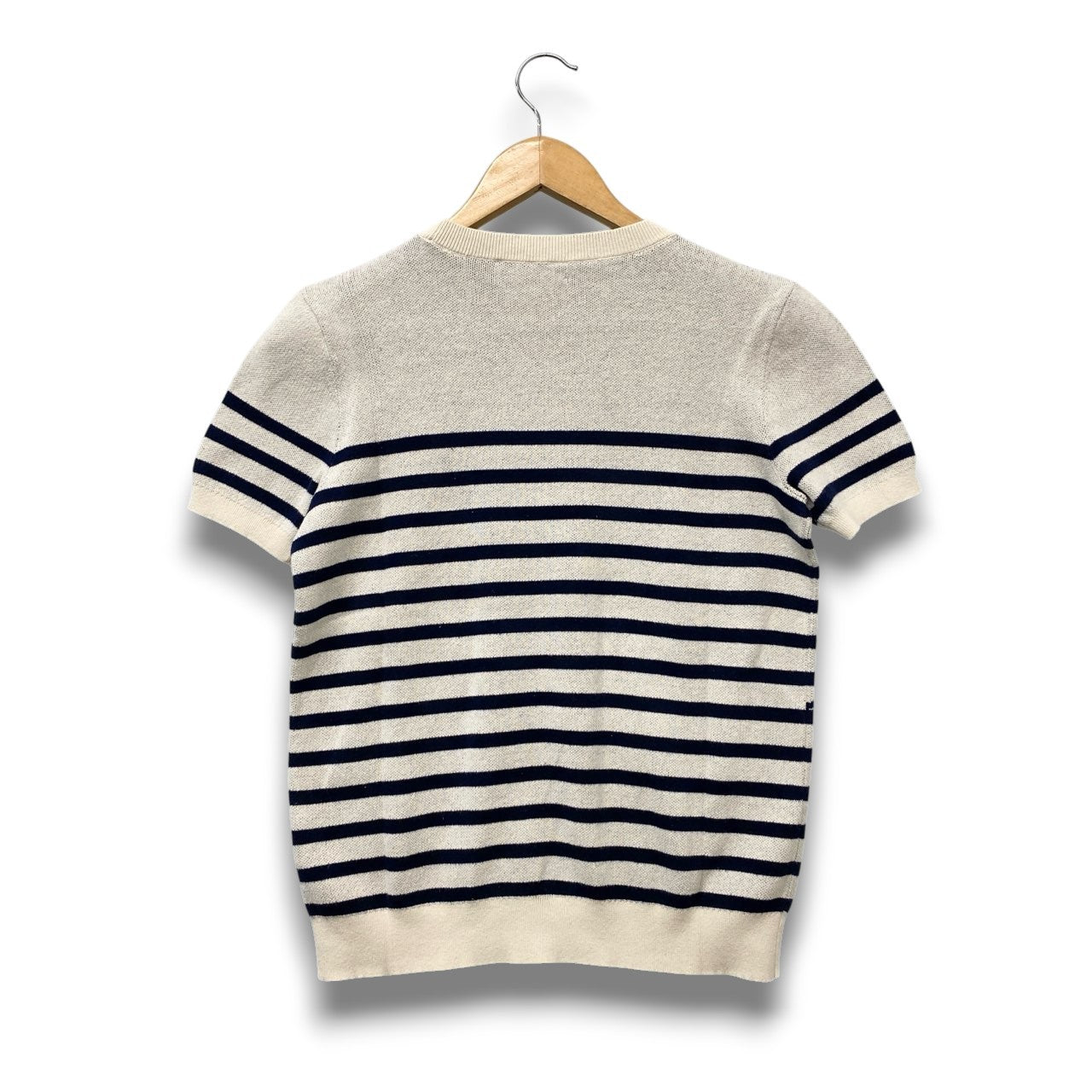 5c6 LAUREN RALPH LAUREN ローレンラルフローレン 半袖ニット サマーセーター 近年 M ホワイト ネイビー コットン レディースu02t