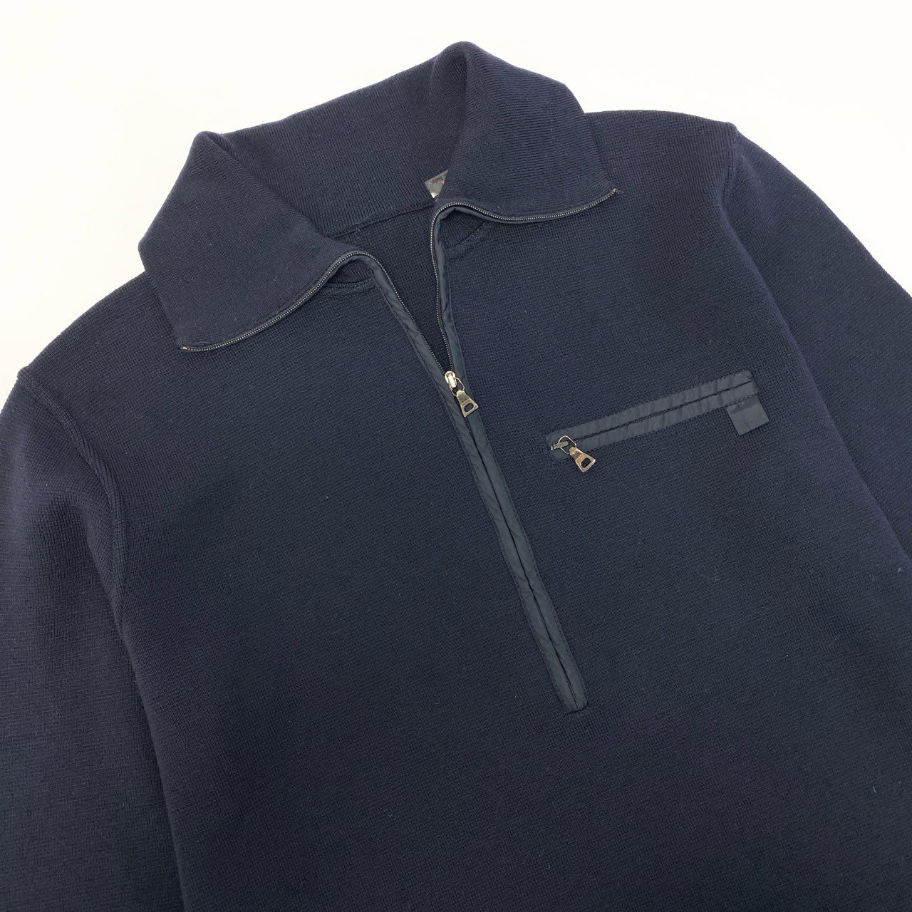63a28 PRADA SPORT プラダ スポーツ ハーフジップ ニットセーター ハイネック 胸ポケット プルオーバー 50サイズ ネイビー メンズ 男性用o07t